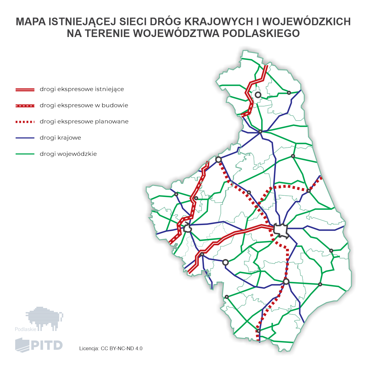 Mapa infrastruktury drogowej Podlasia z podziałem na drogi istniejące i w budowie