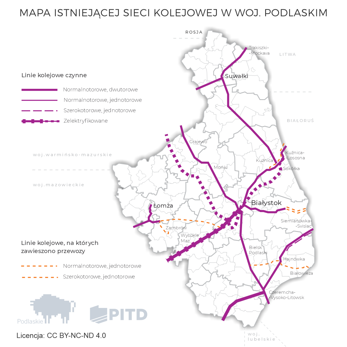 Podaskie - mapa aktualnej sieci linii kolejowych