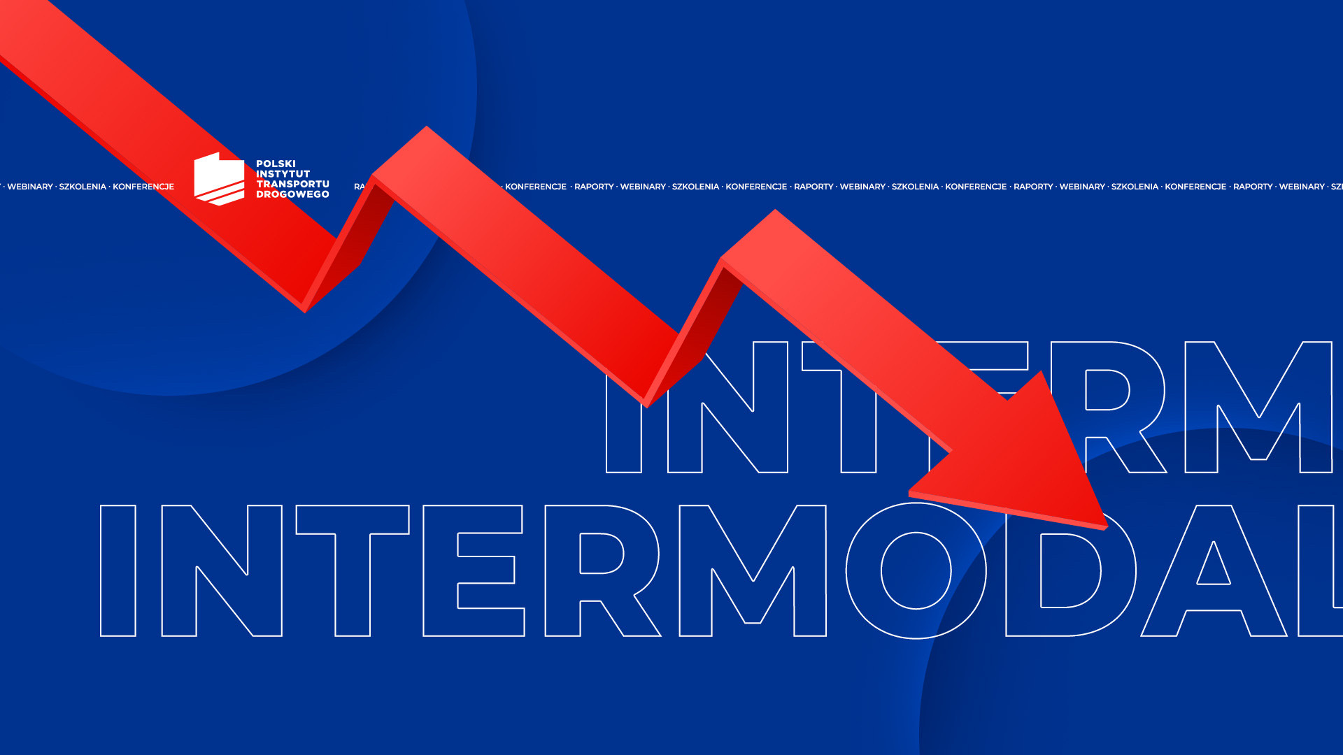 Czerwona strzałka wskazująca spadek na tle niebieskiego tła z logo Polskiego Instytutu Transportu Drogowego.