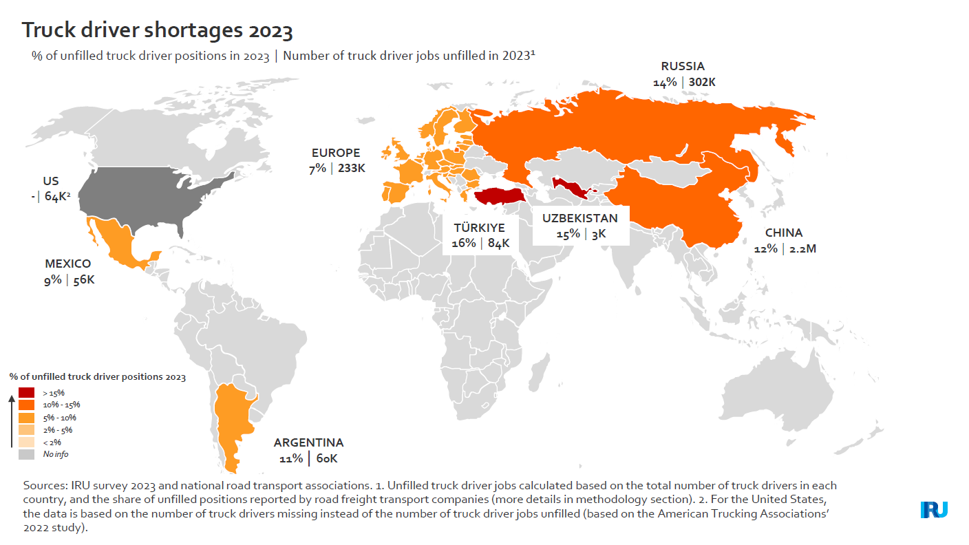 Nieobsadzone stanowiska kierowcy zawodowego na całym świecie. Infografika IRU.