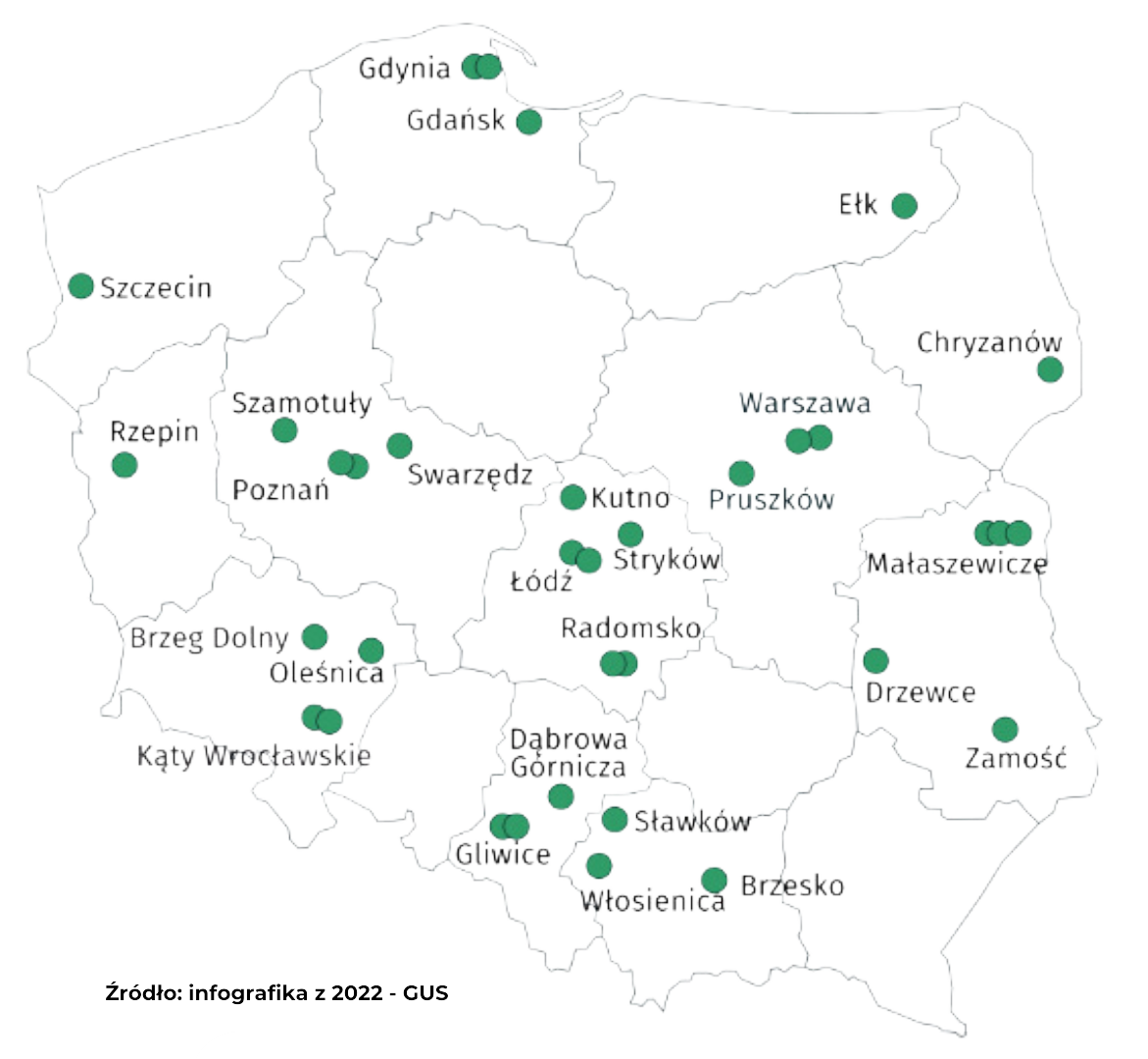 mapa Polski z zanzaczonymi na zielono terminalami