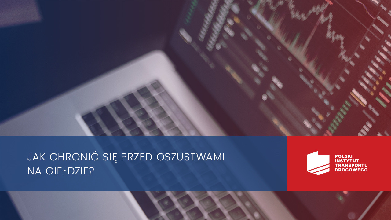 Ekran laptopa z wykresami giełdowymi oraz pytanie: "Jak chronić się przed oszustwami na giełdzie?"